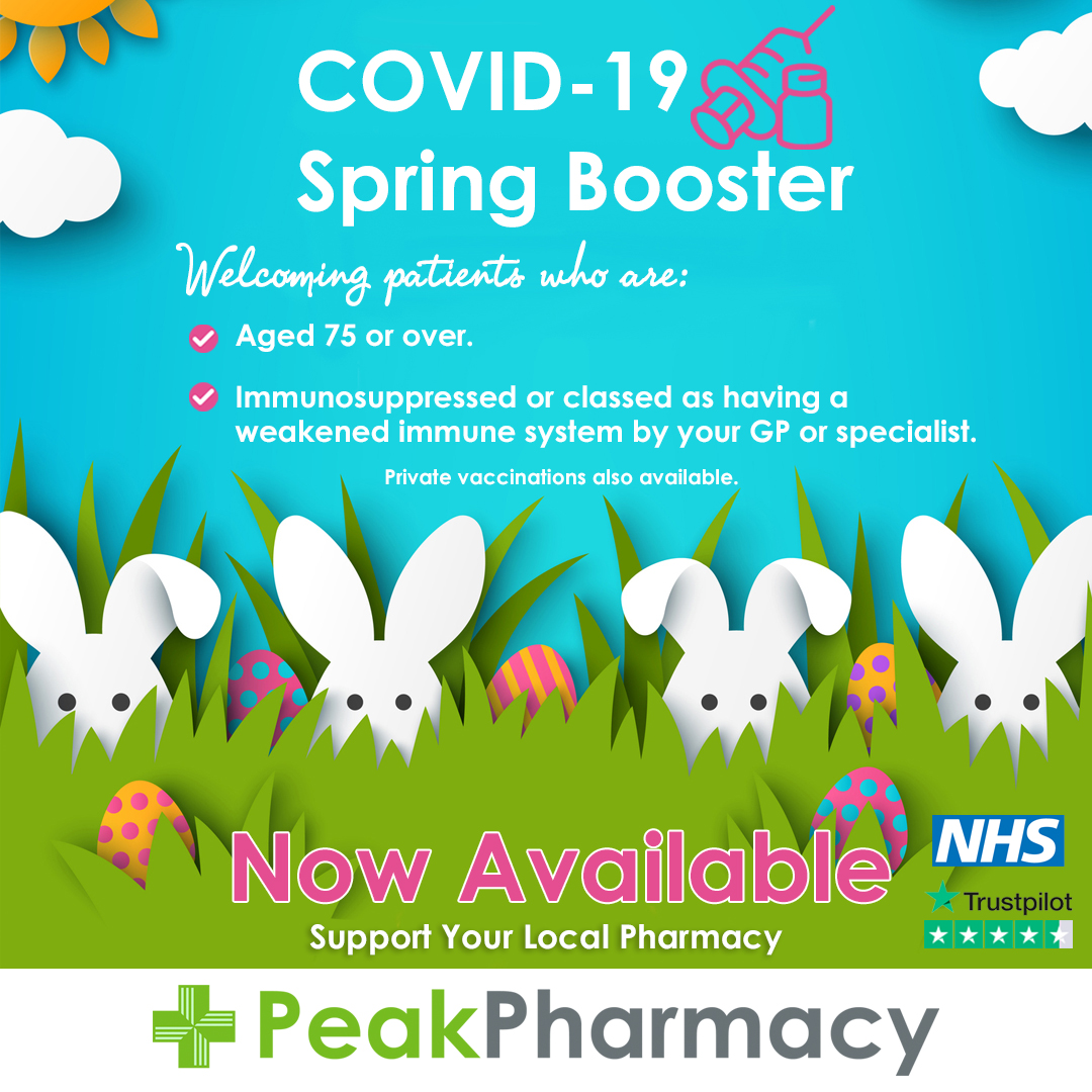 Protect yourself and your loved ones with the COVID-19 #SpringBooster - available NOW at Peak Pharmacy!

Eligible patients can book on the NHS App, or by calling 119.

➡ nhs.uk/nhs-services/v…

#CovidBooster #Covid19