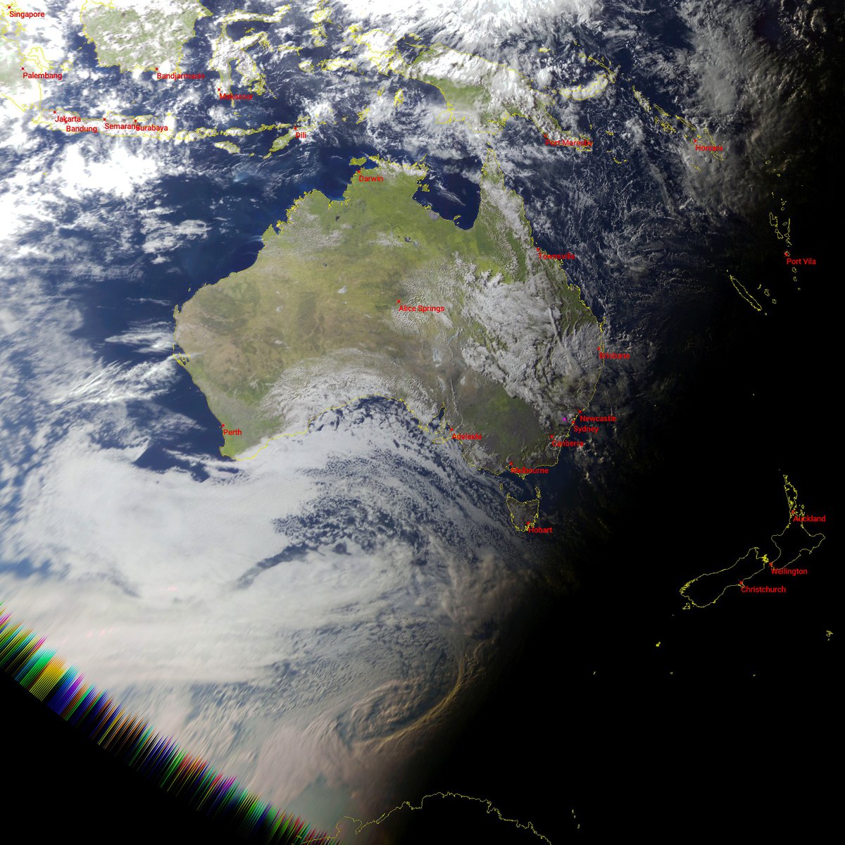 BenSKlerk1's tweet photo. #MeteorMN2_4 #LRPT (6:08UTC) 4:08pm 14 May AEST
#ElektroL4 (6:30UTC) 4:30pm
#MeteorGis, #QFH, #Nooelec Noaa, #RTLSDR
#Satdump, #DiscoveryDish, #Airspy mini
#weather #LRIT #Satellite #Australia #NewZealand #Globe #Earth https://t.co/RLHOfreC9R