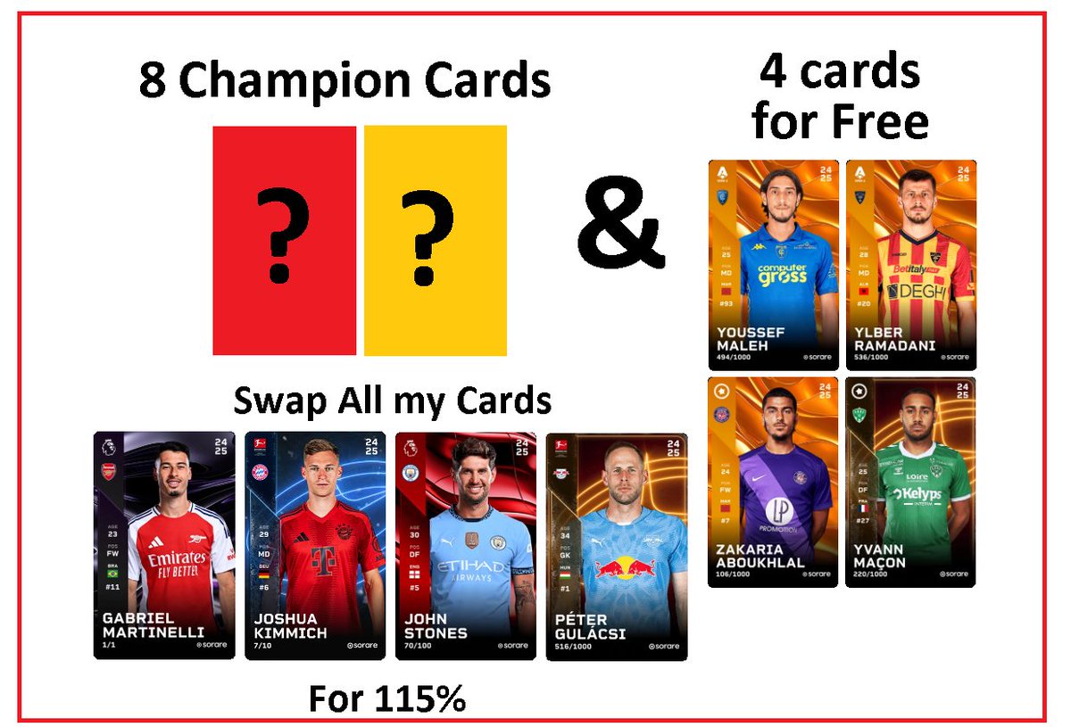 PawelTrader โจ๐ช๐๏ธ (@paweltrader_) on Twitter photo Daily <a href="/Sorare/">Sorare</a> Challenge Starts Now 14.05.2025 ๐ฅ๐ฅ๐ฅ
1โฃ Swap ALL my CARDS for 115% of Your cards value!
2โฃ WIN 4 Rare & 4 Limited random Cards for 8 people who make at least one transaction with me!
3๏ธโฃ 4 random Champion Cards for 4 people - just write Your Sorare username below Daily <a href="/Sorare/">Sorare</a> Challenge Starts Now 14.05.2025 ๐ฅ๐ฅ๐ฅ
1โฃ Swap ALL my CARDS for 115% of Your cards value!
2โฃ WIN 4 Rare & 4 Limited random Cards for 8 people who make at least one transaction with me!
3๏ธโฃ 4 random Champion Cards for 4 people - just write Your Sorare username below