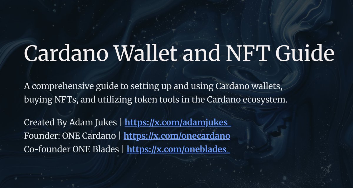 Onboarding to Cardano including <a href="/onecardano/">ONE</a>  / <a href="/OneBlades_/">ONE BLADES™</a>  info.

A comprehensive guide to setting up and using Cardano wallets, buying NFTs, and utilizing token tools in the Cardano ecosystem. With links to each tool and platform.

Download PDF here: drive.google.com/file/d/1Bdh_lQ…