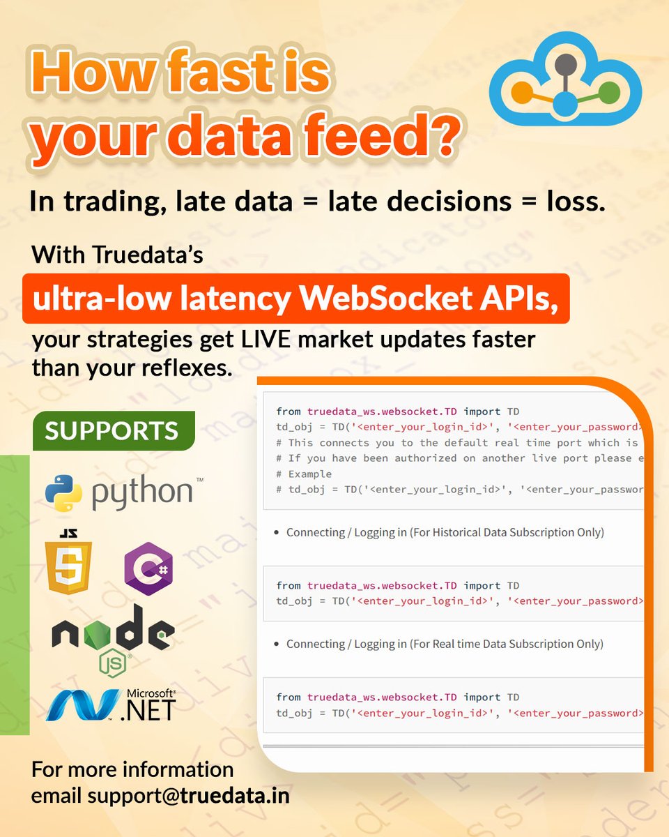 truedata1's tweet image. 💬 How fast is your data feed?
Because in trading, even milliseconds can cost money.
📡 With TrueData’s ultra-low latency WebSocket APIs,
your strategies get LIVE market updates — faster than your reflexes.
Know More: bit.ly/4aGXdEP
#TrueData #marketdataAPI #bse #nse