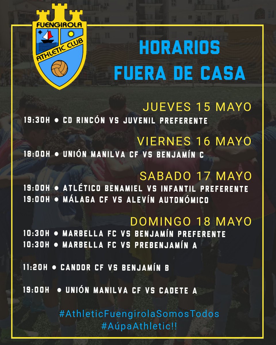 🗓️ PARTIDOS DEL FIN DE SEMANA

¡Vamos Athletic!

#AthleticFuengirolaSomosTodos #AúpaAthletic #futbolbase #temporada #entrenamientodeportivo
#deporte #futbolfederado #futbol
#fuengirola #DeporteFuengirola #FormandoFuturo