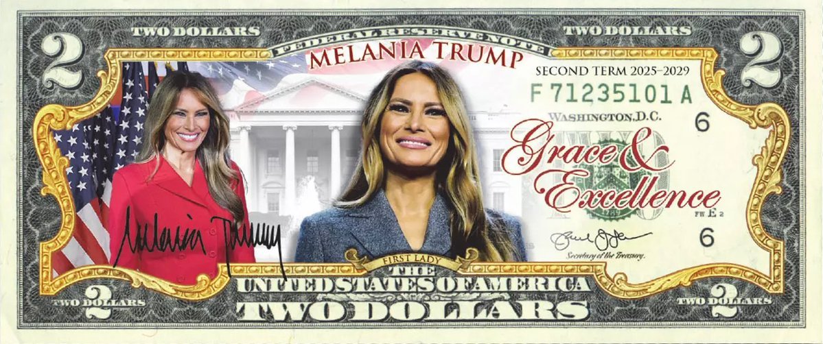 kpkkprasanth's tweet image. 🏛️ Melania is BACK — and so is elegance in the White House 🇺🇸 Claim your limited-edition $2 Bill before it’s history! 📜 #Trump47 #CollectibleCurrency #MelaniaTrump

🎉 Order Now: tinyurl.com/57mm2btr
🎉 Order Now: