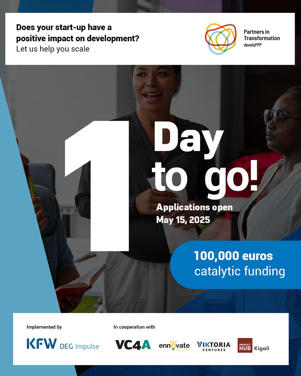 Only 1 Day to Go!

Are you a startup driving change in 🇹🇿🇰🇪🇷🇼?
#develoPPPVentures opens TOMORROW!

Get Up to €100K non-dilutive funding &amp; tailored technical support

Note: Women-led startups encouraged!🙌🏾

Apply: May 15–June 30, 2025