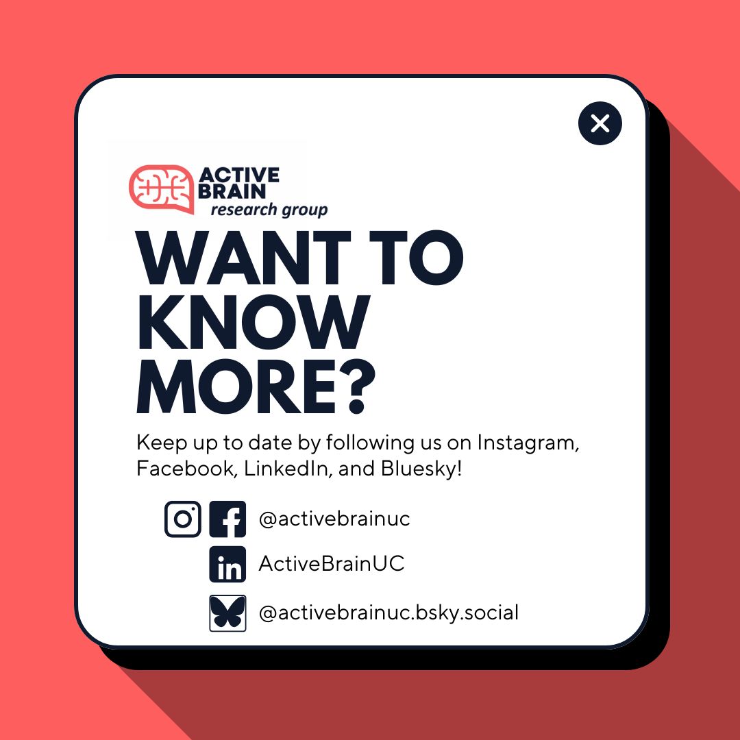 #AboutUs 👋  - Here is a snapshot of the #research that #ActiveBrainUC HDR students are working on at the moment! Check out our socials to keep up to date on the latest 👀

#UniCBR