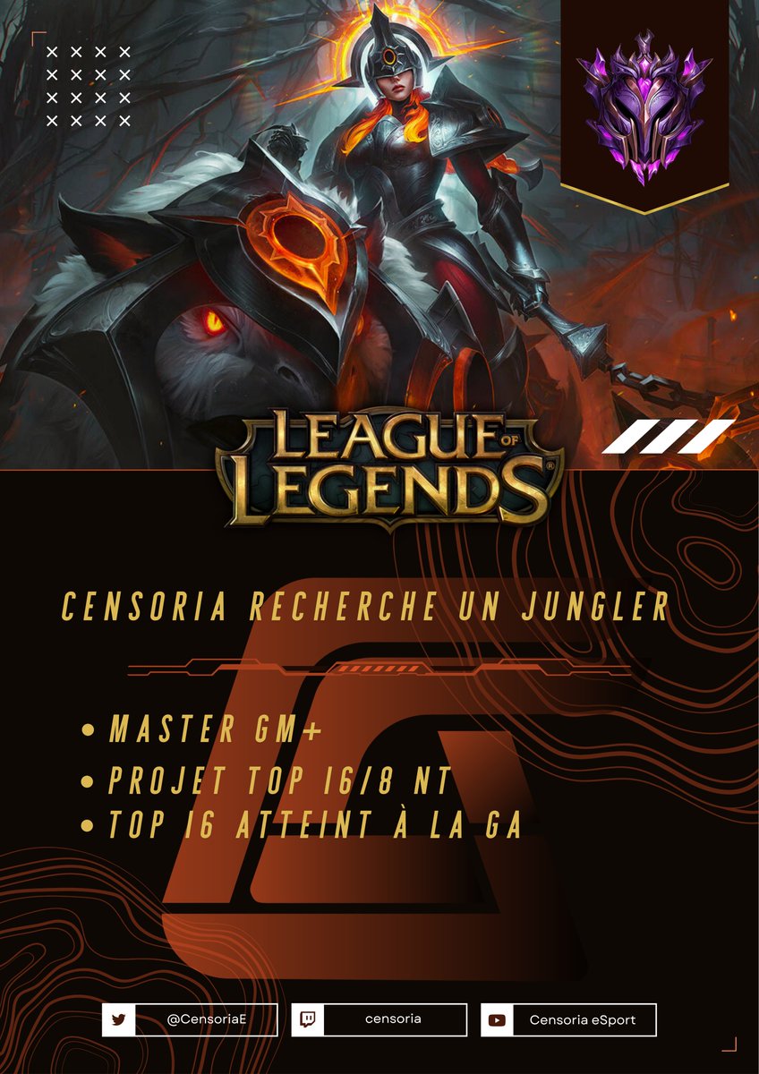 Censoria eSport (@censoriae) on Twitter photo Bonjour,
Suite au départ de Mowgli.
Nous ouvrons nos Try Outs Jungle!
Objectifs: TOP 16 / 8
Vous pouvez nous contacter par mail à : censoria.esport@gmail.com
Via discord : DadouSempai.
<a href="/LoL_LFT_Fr/">LoL LFT Fr</a> #LFP Bonjour,
Suite au départ de Mowgli.
Nous ouvrons nos Try Outs Jungle!
Objectifs: TOP 16 / 8
Vous pouvez nous contacter par mail à : censoria.esport@gmail.com
Via discord : DadouSempai.
<a href="/LoL_LFT_Fr/">LoL LFT Fr</a> #LFP