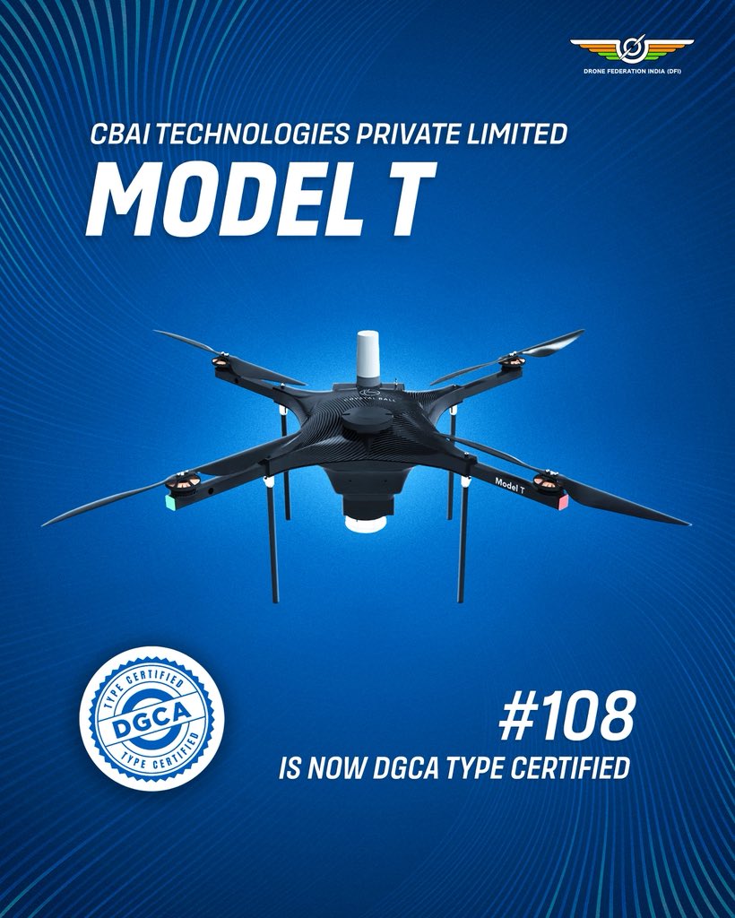 dronefed's tweet photo. Big win for CBAI Technologies Pvt. Ltd.! 🚀
The Model T is now DGCA Type Certified — ready to power next-gen drone operations with performance, reliability & compliance.
#TypeCertified #DroneTech #CBAI #NextGenDrones #DGCA https://t.co/GMrygI7jnh