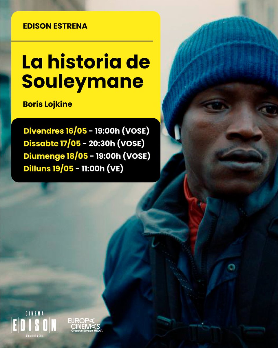 Una peli que acumula molts premis! 🏆

🎬🚲 La historia de Souleymane #EdisonEstrena
🗓 Divendres 16/05 a les 19:00h (VOSC)
🗓 Dissabte 17/05 a les 20:30h (VOSC)
🗓 Diumenge 18/05 a les 19:00h (VOSC)
🗓 Dilluns 19/05 a les 11:00h (VE)

🎟️ Entrades a: cinemaedison.cat!