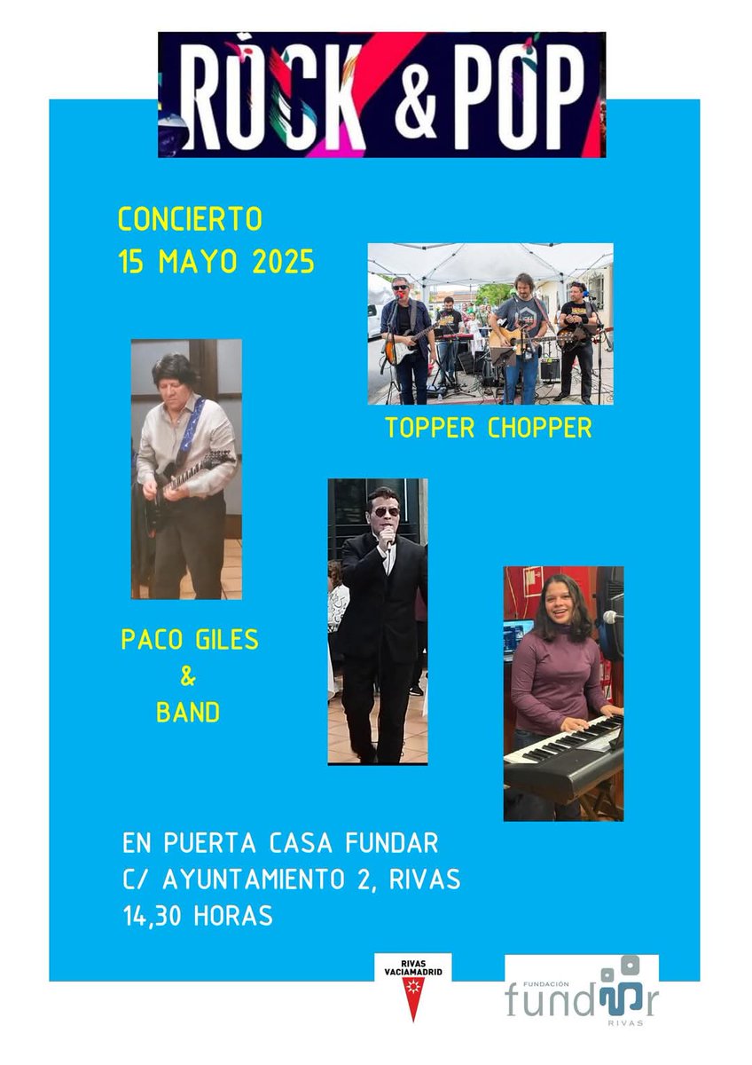 🎉  ¡¡Llegan las Fiestas de #Rivas!! 🥳

🎸 Y cómo no, llega el Concierto Fundar, este año con 'Topper Chopper' y 'Paco Giles &amp; Band'. 🧑‍🎤

🗓 Toma nota: 15 de mayo a las 14:30 en la puerta de la 'Casa Fundar'.

¡Os esperamos!