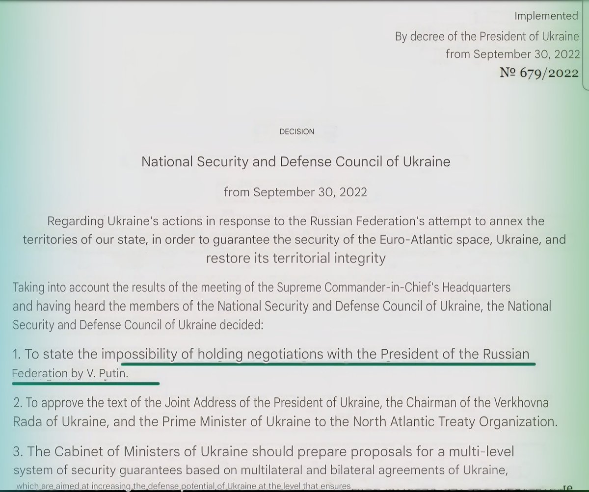 BowesChay's tweet image. Zelensky banned himself from negotiations with President Putin.
Here's the actual law he drafted, enacted, and signed. (Which he also now claims doesn't prevent him from negotiations with Putin)
He's now demanding a meeting with President Putin.
