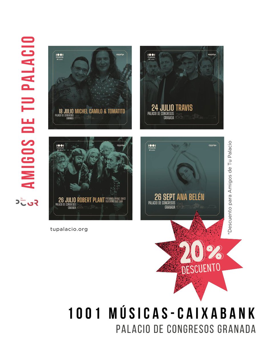 Amigos de Tu Palacio (@amigostupalacio) on Twitter photo 🎵 Grandes conciertos, ventajas exclusivas.
#AmigosdeTuPalacio celebra el 20% dto en 4 conciertos de <a href="/1001musicasfest/">1001musicasfest</a>
🔹 18 julio – Michel Camilo & Tomatito
🔹 24 julio – Travis
🔹 26 julio – Robert Plant
🔹 26 septiembre – Ana Belén
🎫 tupalacio.org 🎵 Grandes conciertos, ventajas exclusivas.
#AmigosdeTuPalacio celebra el 20% dto en 4 conciertos de <a href="/1001musicasfest/">1001musicasfest</a>
🔹 18 julio – Michel Camilo & Tomatito
🔹 24 julio – Travis
🔹 26 julio – Robert Plant
🔹 26 septiembre – Ana Belén
🎫 tupalacio.org