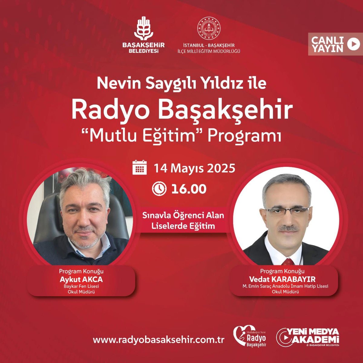 byenimedya's tweet photo. Bugün saat 16.00’da, Nevin Saygılı Yıldız’ın sunduğu "Mutlu Eğitim" programında, M.Emin Saraç Anadolu İmam Hatip Lisesi Okul Müdürü Vedat KARABAYIR ile Sınavla Öğrenci Alan Liselerde Eğitimi konuşuyoruz.
 https://t.co/LgQ4kusAQZ

Kaçırmayın! 🎧 #RadyoBaşakşehir #YeniMedyaAkademi https://t.co/jlohH9Pv1z
