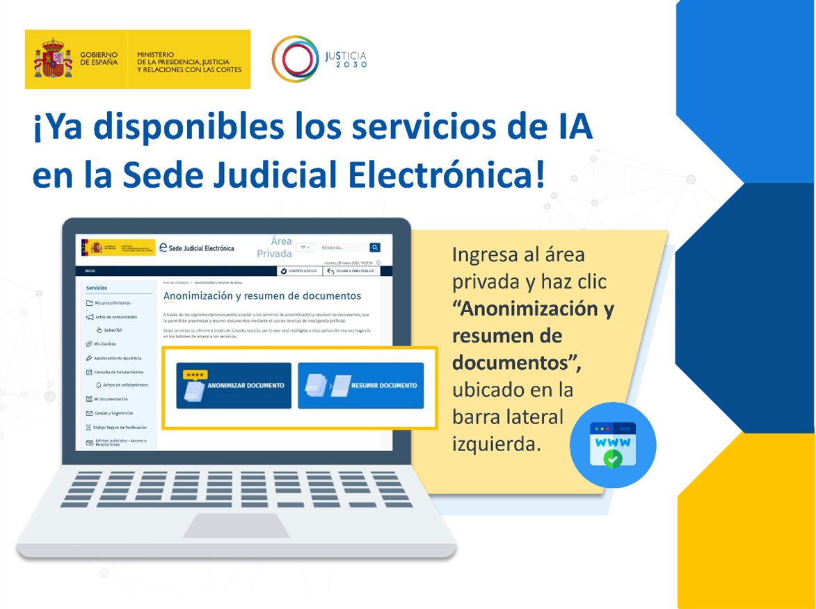 ✨ ¿Sabías que anonimizar y resumir documentos judiciales es más fácil que nunca?

📄 Los servicios #IA de anonimización y resumen de documentos ya están disponibles a través de la Sede Judicial Electrónica.

💻 Descúbrelo aquí 👉 sedejudicial.justicia.es/group/guest/an…
#JusticiaDigital #IA