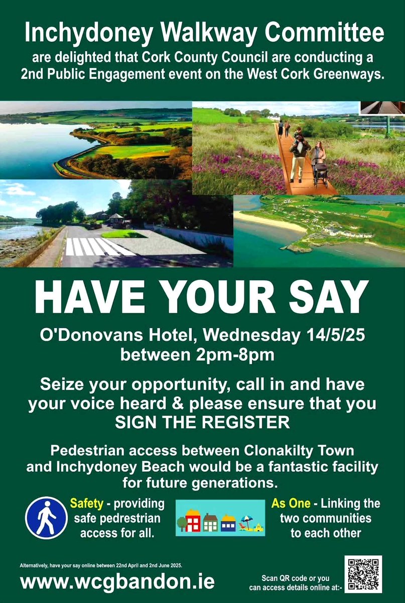 A truly stunning route but needs to be included in the #WestCorkGreenways to ensure it's more inclusive &amp; safe for pedestrians. 
Visit today from 2-8pm in O' Donovan's Hotel, #Clonakilty 🌊🌿👣

#walking #walkingtogether #walkingforhealth #inchydoney #westcork #purecork