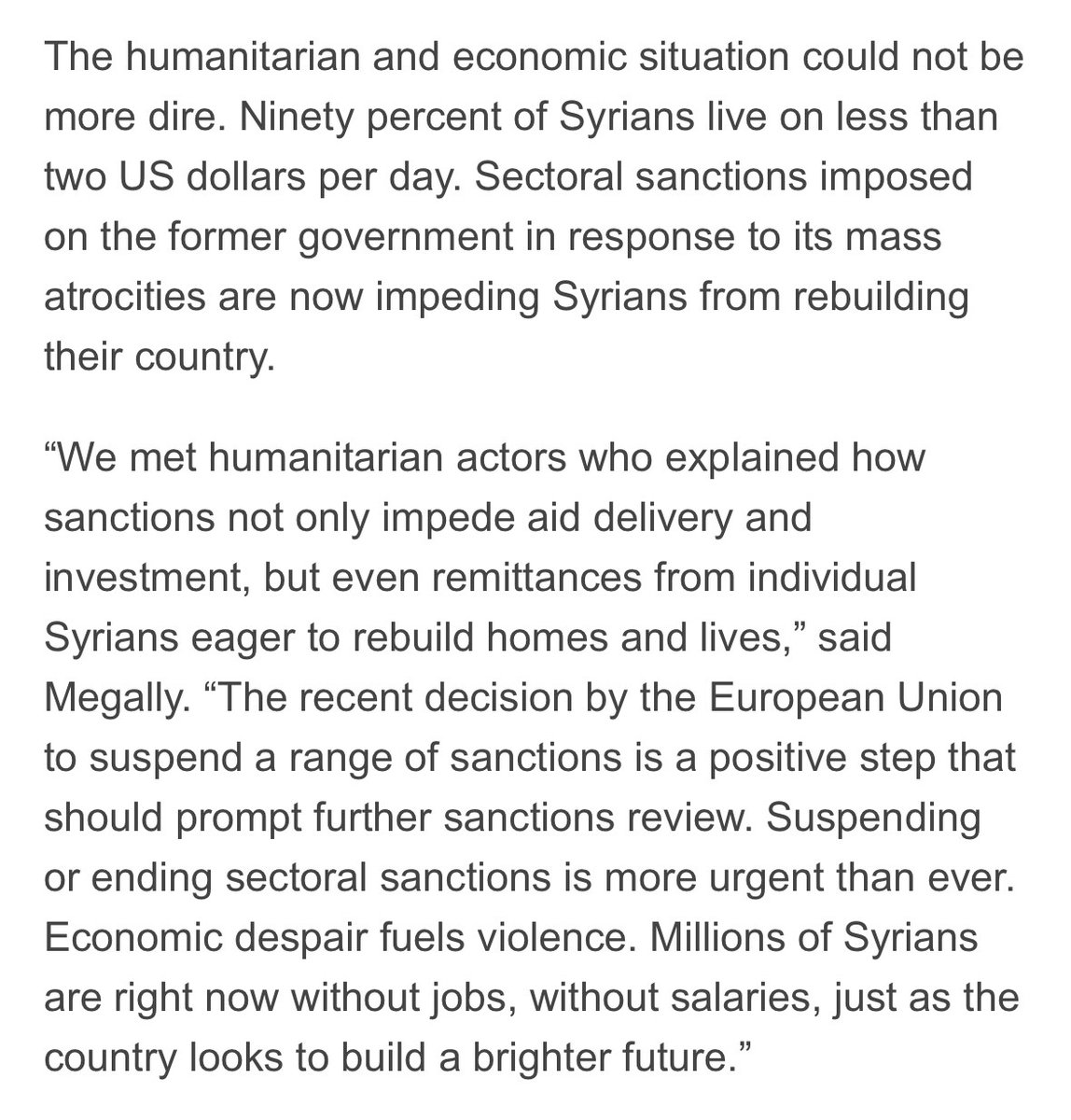 UN Syria Commission of Inquiry (@uncoisyria) on Twitter photo The <a href="/UNCoISyria/">UN Syria Commission of Inquiry</a> welcomes announced move to lift U.S. sectoral sanctions on #Syria, urges other states to follow swiftly and help lift Syrians from poverty & support reconstruction. Economic despair fuels violence. Economic rights must reach all.
More➡️bit.ly/44DqejR The <a href="/UNCoISyria/">UN Syria Commission of Inquiry</a> welcomes announced move to lift U.S. sectoral sanctions on #Syria, urges other states to follow swiftly and help lift Syrians from poverty & support reconstruction. Economic despair fuels violence. Economic rights must reach all.
More➡️bit.ly/44DqejR