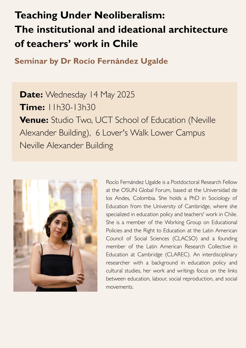 RocĂo FernĂĄndez (@rocio_fdezug) on Twitter photo Hoy! Iâll be giving this talk at <a href="/UCT_news/">UCT</a> School if Education.
So looking forward to engaging with educational debates and colleagues in South Africa â¨
<a href="/ClarecCam/">Clarec</a> <a href="/OSUNForum/">Global Forum</a> <a href="/GobiernoUAndes/">Escuela de Gobierno de la Universidad de los Andes</a> Hoy! Iâll be giving this talk at <a href="/UCT_news/">UCT</a> School if Education.
So looking forward to engaging with educational debates and colleagues in South Africa â¨
<a href="/ClarecCam/">Clarec</a> <a href="/OSUNForum/">Global Forum</a> <a href="/GobiernoUAndes/">Escuela de Gobierno de la Universidad de los Andes</a>