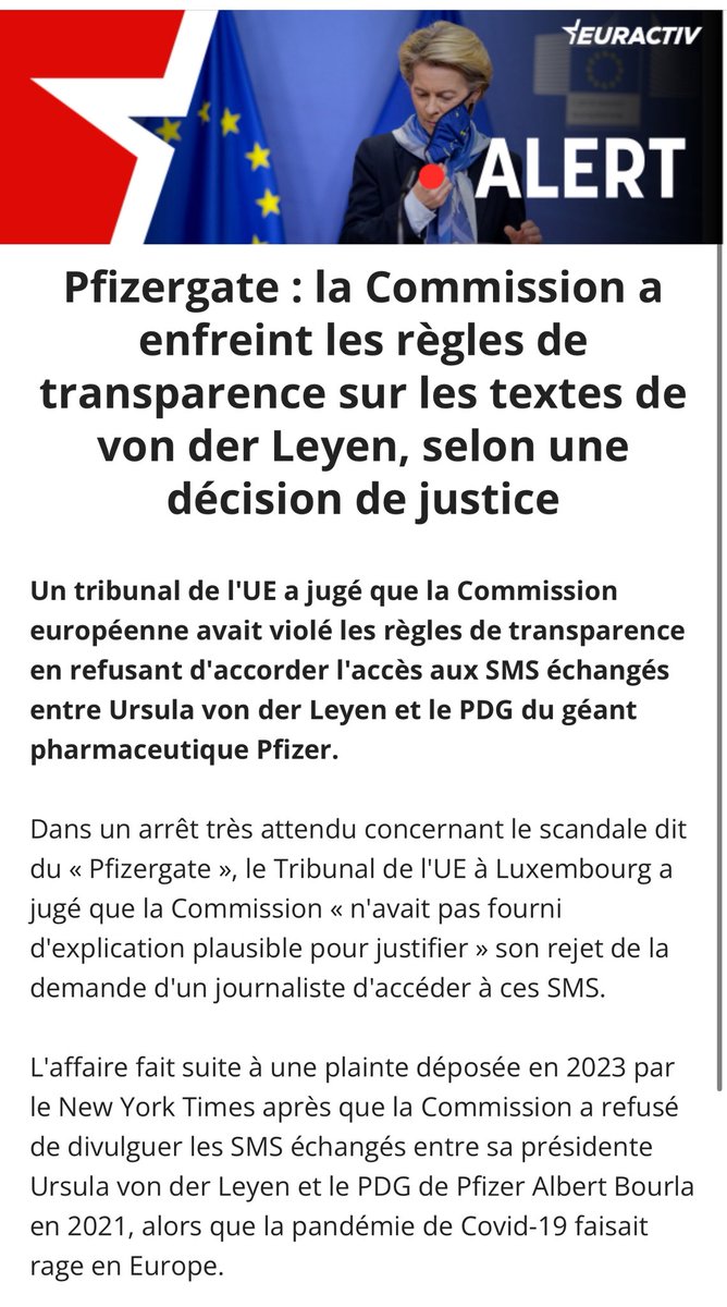 v_joron's tweet image. 🔴 La Commission européenne avait beau défendre les sms d’Ursula et d’Albert Bourla PDG de Pfizer, la Cour de Justice du Luxembourg vient de la condamner.
#Pfizer #Pfizergate #SmsGate