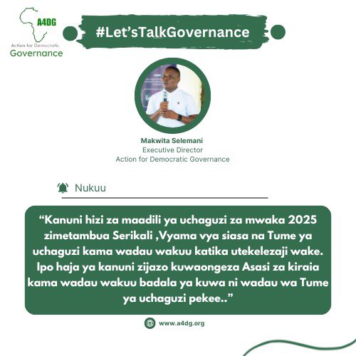 Action for Democratic Governance (A4DG). (@action4dg) on Twitter photo “Kanuni za Maadili ya Uchaguzi (2025) zimetambua Mamlaka za Serikali, Vyama vya Siasa na Tume ya Uchaguzi kama Wadau wakuu katika Utekelezaji wake. Ipo haja ya Kanuni zijazo Kuongeza Asasi za Kiraia kama Wadau wakuu…”
~ <a href="/caliph_makwita/">Caliph Makwita</a>
#Action4DGTz | #SisiNiDemokrasia “Kanuni za Maadili ya Uchaguzi (2025) zimetambua Mamlaka za Serikali, Vyama vya Siasa na Tume ya Uchaguzi kama Wadau wakuu katika Utekelezaji wake. Ipo haja ya Kanuni zijazo Kuongeza Asasi za Kiraia kama Wadau wakuu…”
~ <a href="/caliph_makwita/">Caliph Makwita</a>
#Action4DGTz | #SisiNiDemokrasia