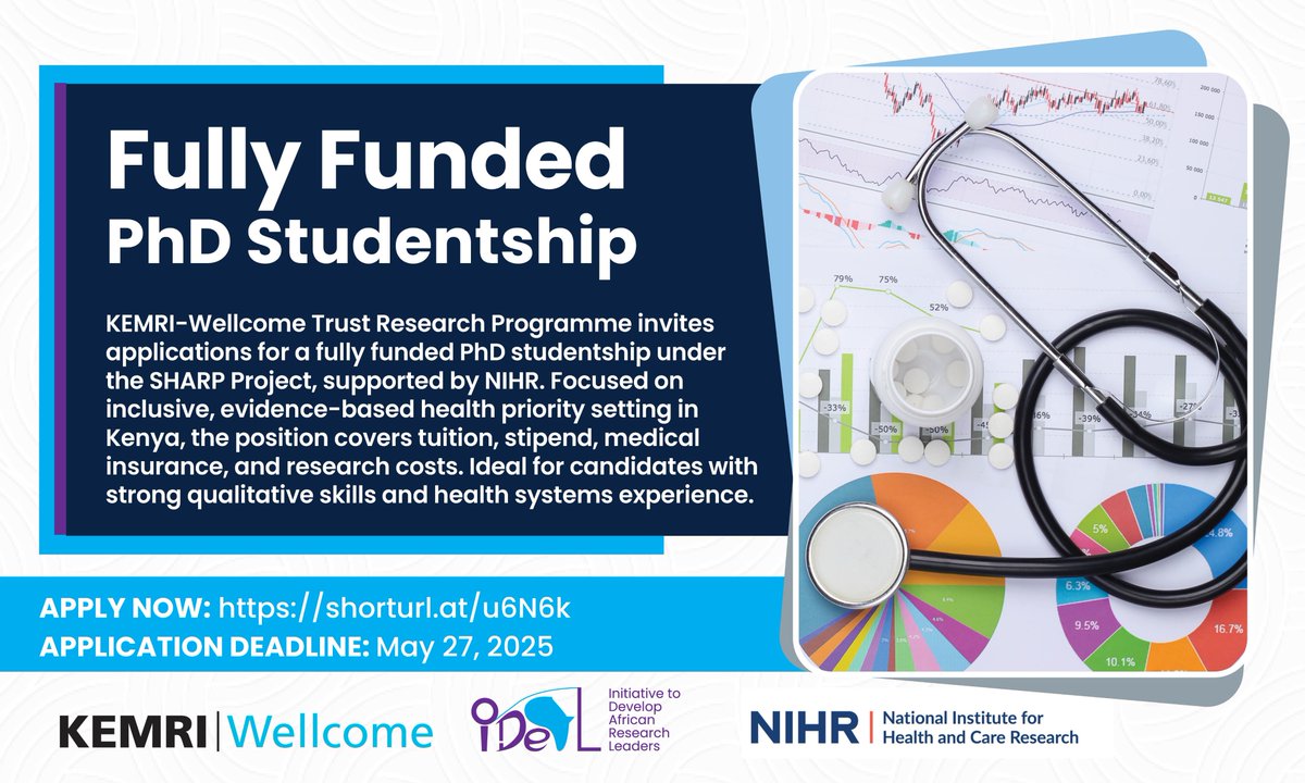 KEMRI-Wellcome Trust (@kemri_wellcome) on Twitter photo 🎓PhD opportunity!
Apply for a fully funded PhD studentship under the SHARP project supported by <a href="/NIHRresearch/">National Institute for Health and Care Research</a> .
đź’ˇFocus : Evidence-based health priority setting in Kenya.
Click the link below to apply!
đź”—: shorturl.at/u6N6k
Application deadline: Tuesday, May 27, 2025 🎓PhD opportunity!
Apply for a fully funded PhD studentship under the SHARP project supported by <a href="/NIHRresearch/">National Institute for Health and Care Research</a> .
đź’ˇFocus : Evidence-based health priority setting in Kenya.
Click the link below to apply!
đź”—: shorturl.at/u6N6k
Application deadline: Tuesday, May 27, 2025