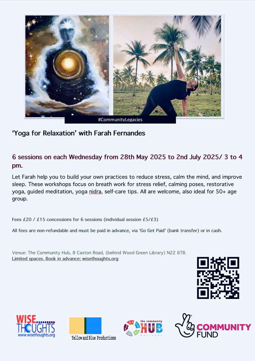Irresistible Yoga for relaxation #CommunityLegacies workshops on Weds - 28 May to 2nd July /3-4 pm/ at  <a href="/TCHubHaringey/">TheCommunityHub-Haringey</a> now open for booking/ registration wisethoughts.org/wise-thoughts-…