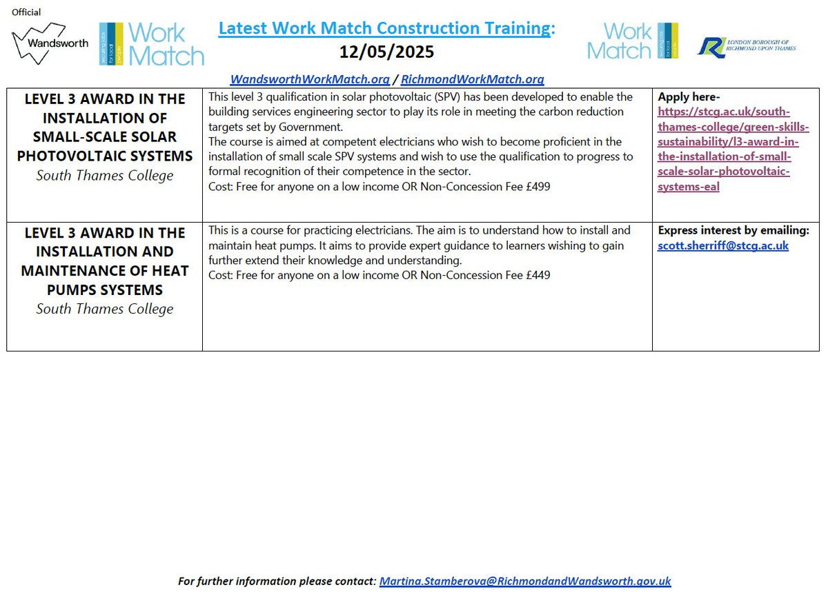 #Wednesday 
We highlight our construction opportunities open to residents of #Richmond &amp; #wandsworth.

Training is open to residents of both boroughs, #Lambeth residents can apply for #NineElms #Jobs.
See images below👇👇👇

For Info &amp; to apply➡️shorturl.at/pO6Gh