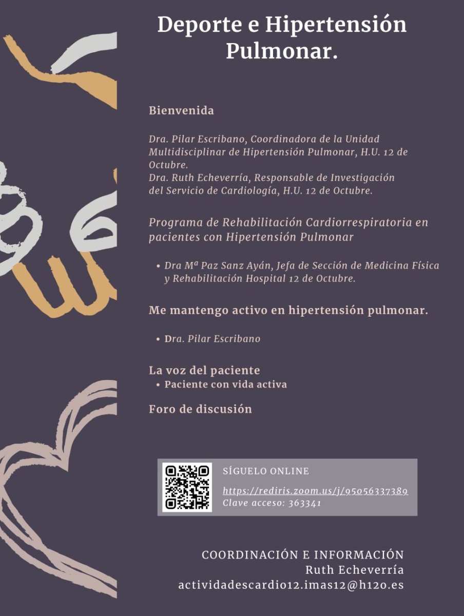 Paz Sanz Ayán (@pazsanzayan) on Twitter photo Conéctate el lunes q viene si te interesa. Hablaremos de la importancia del ejercicio en el paciente con hipertensión pulmonar, pacientes y profesionales #ejercicio #salud #rehabilitacion <a href="/SORECAR_es/">SORECAR</a> <a href="/SERMEF_es/">SERMEF</a> <a href="/fundacionhp/">Fundación contra la Hipertensión Pulmonar</a> <a href="/ANdHP/">HipertensiónPulmonar</a> <a href="/H12Octubre/">Hospital Universitario 12 de Octubre</a> <a href="/H12O_HPulmonar/">Hipertensión Pulmonar H12O</a> <a href="/Cardio_H12O/">Servicio Cardiología Hospital 12 de Octubre</a> Conéctate el lunes q viene si te interesa. Hablaremos de la importancia del ejercicio en el paciente con hipertensión pulmonar, pacientes y profesionales #ejercicio #salud #rehabilitacion <a href="/SORECAR_es/">SORECAR</a> <a href="/SERMEF_es/">SERMEF</a> <a href="/fundacionhp/">Fundación contra la Hipertensión Pulmonar</a> <a href="/ANdHP/">HipertensiónPulmonar</a> <a href="/H12Octubre/">Hospital Universitario 12 de Octubre</a> <a href="/H12O_HPulmonar/">Hipertensión Pulmonar H12O</a> <a href="/Cardio_H12O/">Servicio Cardiología Hospital 12 de Octubre</a>