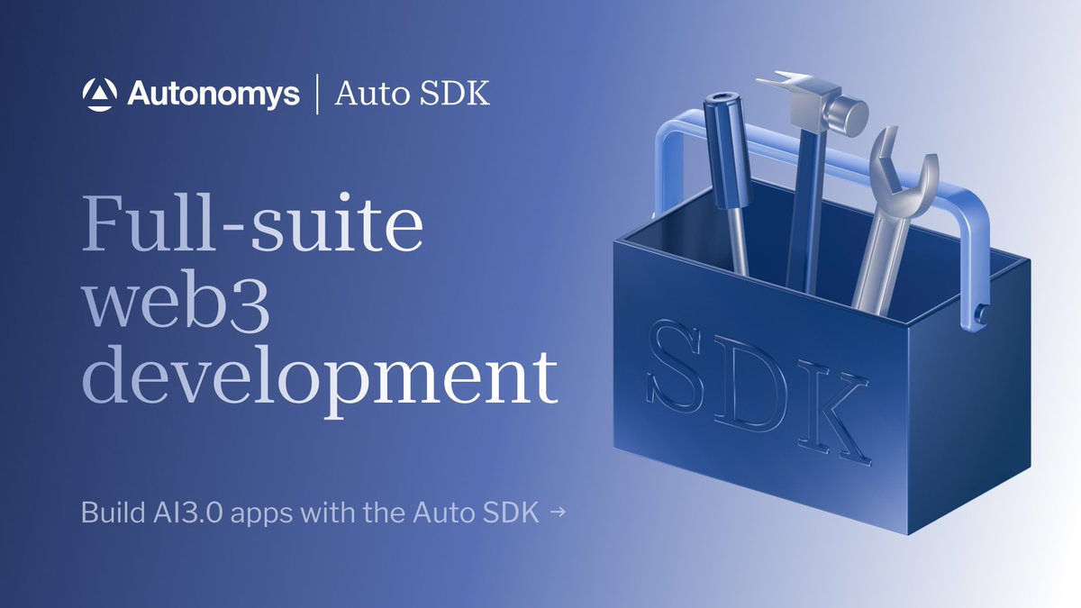 AutonomysNet's tweet image. 🧑‍💻 Build more. Code less.

🛠️ Only the Auto SDK makes building with AI3.0 infrastructure simple—featuring modular APIs for storage, consensus &amp;amp; cross-domain messaging, and soon, compute and $AI3 payments.

🔼 Our global team of DevRels, ambassadors and community leads are ready…