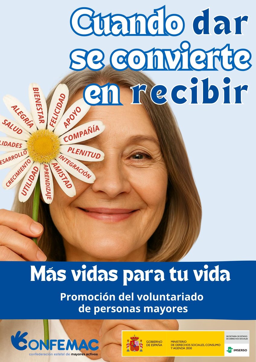 CONFEMAC65's tweet photo. 🌟 Ya está aquí la segunda campaña del programa #MásVidasParaTuVida:
“Voluntariado: Cuando dar se convierte en recibir”.
Damos, sí. Pero también recibimos.
Afecto, vínculos, sentido.
💬 Financiado por el @IMSERSO
📲 Más info en https://t.co/kOF3hAn6Yy
#Voluntariado #Confemac https://t.co/bSsNjDwTjn