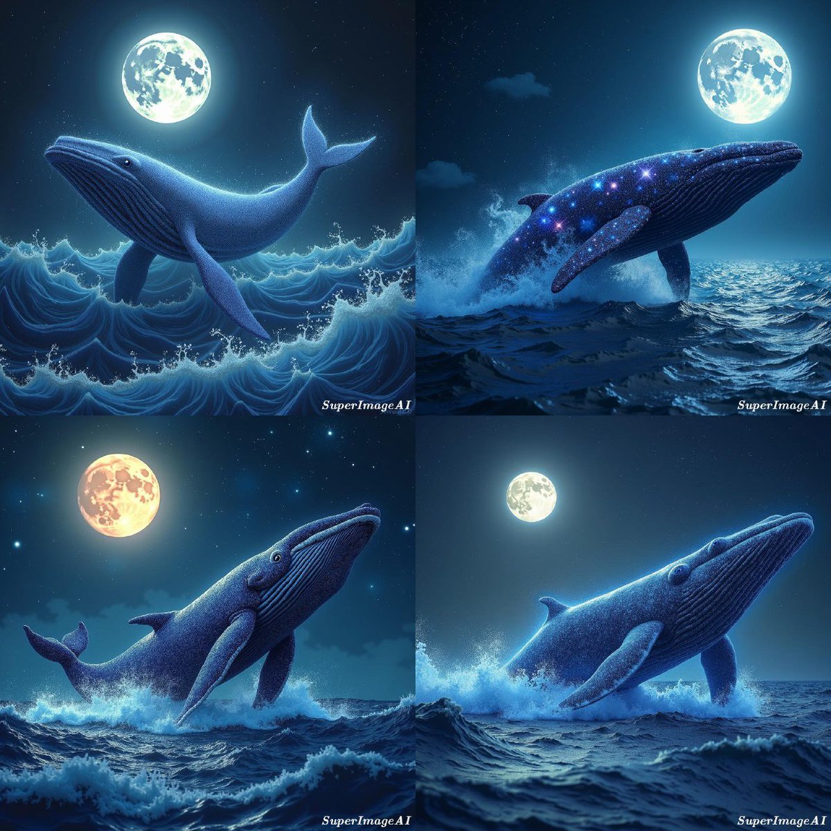 LokaChicaloka24's tweet image. Prompt: A giant whale made of galaxies breaching from an ocean of stardust under a glowing moon, waves sparkling like diamonds @SuperImageAI @anhdongdat2 @ElBrecho 
#SuperImageAI