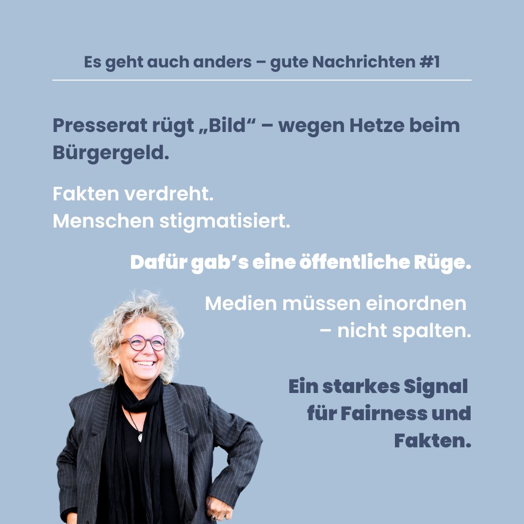 Es geht auch anders – gute Nachrichten #1
Der Presserat rügt die „Bild“ – wegen Hetze beim #Bürgergeld.
Fakten verdreht, Menschen stigmatisiert.
Jetzt gibt’s die Quittung: öffentliche Rüge.
Ein starkes Signal: #Journalismus braucht Fakten – keine Stimmungsmache.