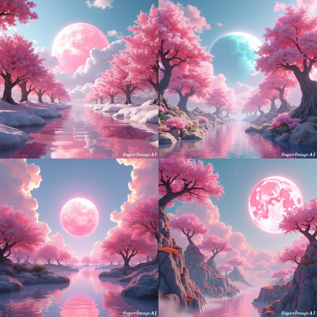 sanrafael4's tweet image. A surreal alien world where cherry blossom trees float in the sky, pink clouds swirl around a giant crystal sun 🥰
@SuperImageAI @JoakimKms @NgocLinkLan 
#SuperImageAI