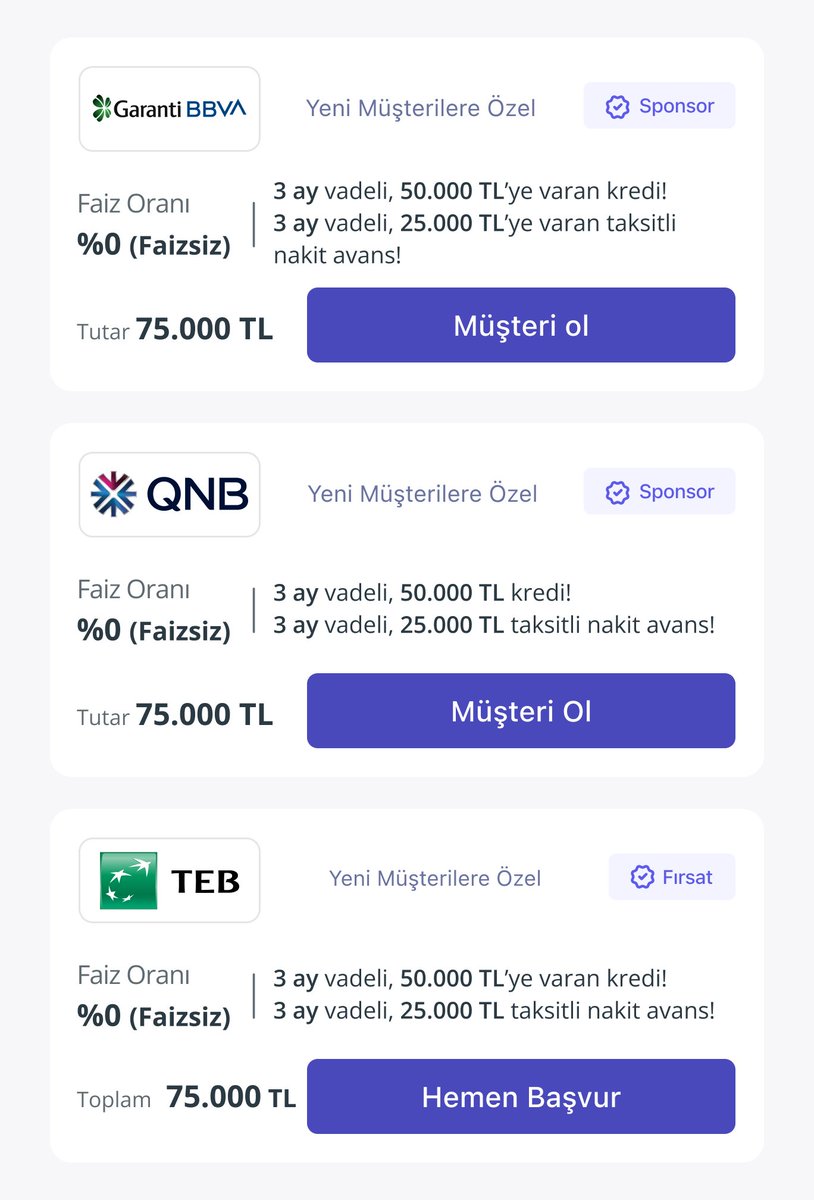 ✅ Nakit fırsatı haberiyle geldim. Faizsiz 75.000 TL. QNB, Garanti BBVA ve TEB'de var şu an. HangiKredi'ye girin, ben uygulamadan daha kolay bakıyorum, uygulamayı indirin. Hem faizsiz nakit fırsatlarını takip edin, hem de tüm finansal ihtiyaçlarınızı tek bir yerden karşılaştırıp