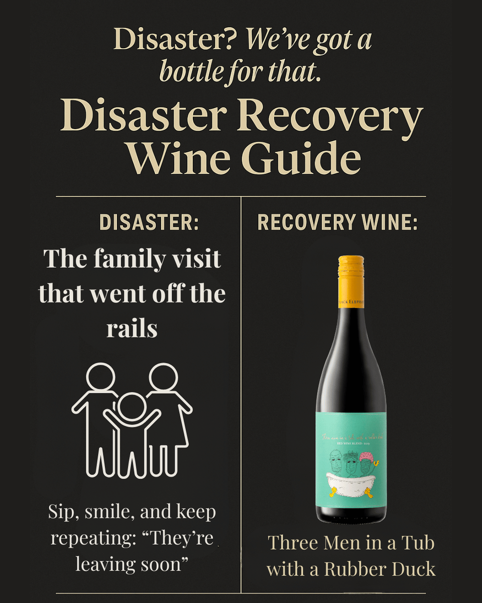 The family visit that never ends? 😩
Meet your survival buddy: Three Men in a Tub with a Rubber Duck 🍷🛁
Sip. Smile. Repeat.

 #DisasterRecoveryGuide #WineForTheMood #SipThroughIt #LifeHappensWineHelps #DrinkDifferent #WineTime #PourSolutions