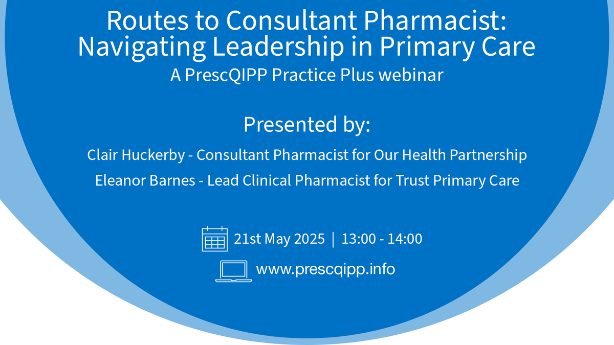 PrescQIPP CIC (@prescqipp) on Twitter photo Are you a pharmacy professional looking to progress your career?
Don't miss the insights of <a href="/Chuckerby/">Clair Huckerby</a> and Eleanor Barnes on May 21. They'll discuss how they became Consultant Pharmacists - and the benefits and challenges of their roles.
👉 prescqipp.info/learning/pract…
<a href="/pcpa_org/">The PCPA</a> Are you a pharmacy professional looking to progress your career?
Don't miss the insights of <a href="/Chuckerby/">Clair Huckerby</a> and Eleanor Barnes on May 21. They'll discuss how they became Consultant Pharmacists - and the benefits and challenges of their roles.
👉 prescqipp.info/learning/pract…
<a href="/pcpa_org/">The PCPA</a>