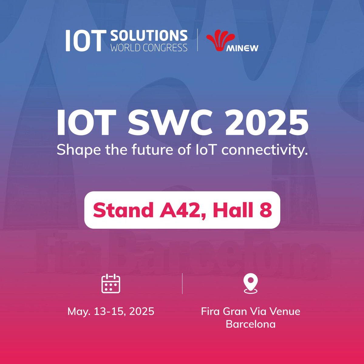 #MinewExpo Excited to connect with you at the <a href="/IOTSWC/">IOT Solutions World Congress</a>  Barcelona!
📆 May. 13-15, 2025

#Minew #IoT #WirelessTechnology #tech