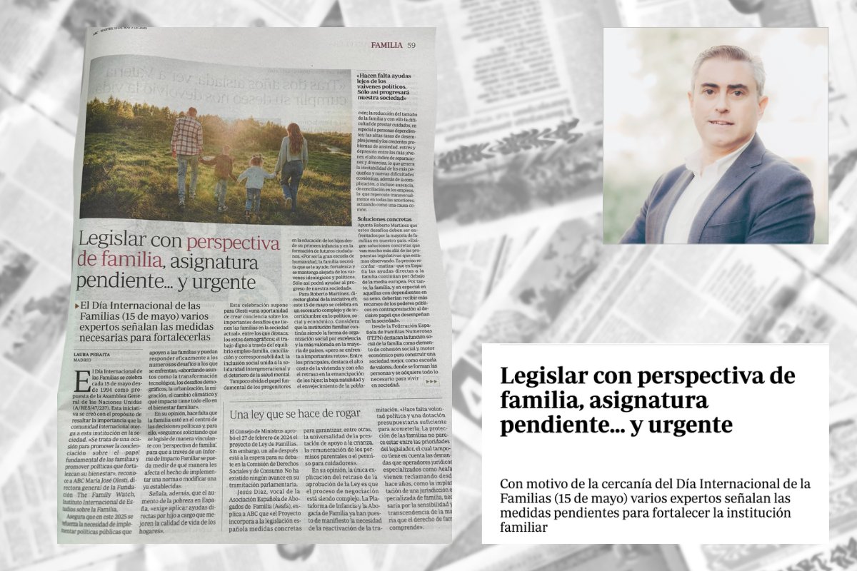 aeafa (@aeafaabogados) on Twitter photo Mañana es el #DíaDeLasFamilias.
En <a href="/abc_es/">ABC.es</a>, <a href="/LauraPeraita/">Laura Peraita</a> nos pregunta sobre las carencias legislativas. Responde nuestro vocal Jesús Díaz Lorite <a href="/JesusDaz233460/">Jesús Díaz</a>
🔸La Ley de Familias, sin aprobar, y el Fondo de Garantía de Alimentos, sin mejorar.
👇abc.es/familia/padres… Mañana es el #DíaDeLasFamilias.
En <a href="/abc_es/">ABC.es</a>, <a href="/LauraPeraita/">Laura Peraita</a> nos pregunta sobre las carencias legislativas. Responde nuestro vocal Jesús Díaz Lorite <a href="/JesusDaz233460/">Jesús Díaz</a>
🔸La Ley de Familias, sin aprobar, y el Fondo de Garantía de Alimentos, sin mejorar.
👇abc.es/familia/padres…