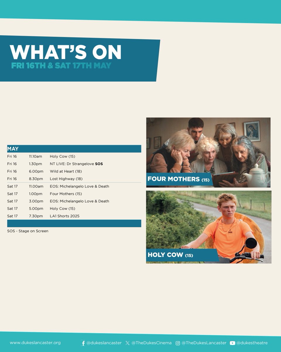 🎥What's on at the Dukes Cinema this week 🍿

🎥 Holy Cow (15)
🎥 NT LIVE: Dr Strangelove
🎥 Wild at Heart (18)
🎥 Lost Highway (18)
🎥 EOS: Michelangelo Love &amp; Death 
🎥 Four Mothers (15) 
🎥 LA1 Shorts 2025

🎟️ loom.ly/PCEiy4o