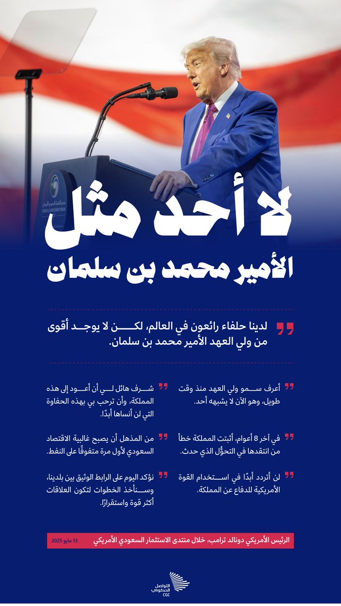 في وقتٍ قصير، خطت المملكة خطوات جبّارة نحو المستقبل، فانتقلت من مرحلة التحوّل إلى الريادة، ومن الاعتماد إلى التمكين، حتى أصبحت قصة نجاح تُلهم العالم. 
#الملهم_الهمام #منتدى_الاستثمار_السعودي_الأمريكي 
#IMC