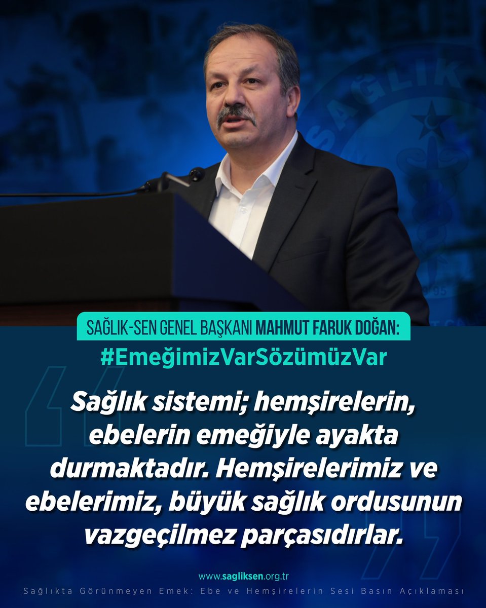 Sağlık-Sen Genel Başkanı Mahmut Faruk Doğan: 

“Sağlık sistemi; hemşirelerin, ebelerin emeğiyle ayakta durmaktadır. Hemşirelerimiz ve ebelerimiz, büyük sağlık ordusunun vazgeçilmez parçasıdırlar.”

#EmeğimizVarSözümüzVar