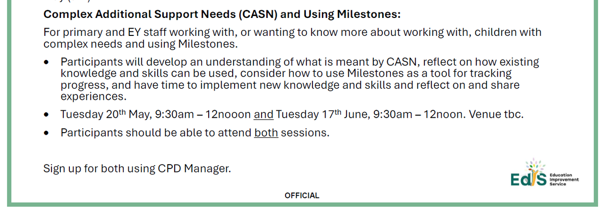 Looking to find out more about supporting and tracking progress for children with complex additional support needs? There are still a few places left on the CASN and Milestones training offered by GEPS, 20/05 and 17/06. Sign up via CPD manager: