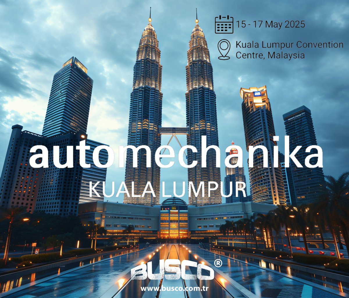 🌏 BUSCO is heading to Kuala Lumpur! 🇲🇾
We're excited to attend Automechanika Kuala Lumpur 2025

📍 KL Convention Centre
📅 15–17 May 2025

Let’s connect and explore new opportunities!
#BuscoAirSpring  #Automechanika #TruckParts #Malaysia #Airspring #KualaLumpur #spareparts