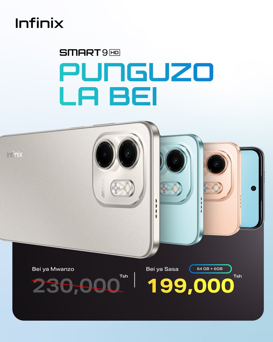 Hatumuachi Mtu.

Ni wakati wako sasa kumiliki simu janja yenye kukidhi mahitaji yako huku ukiokoa hadi 31,000 kwa punguzo la bei kutoka 230,000/= mpaka sasa unaipata kwa Tsh. 199,000/= 

#SMART9HD inapatikana madukani kwetu sasa.

#Infinixtanzania #SMART9HD #KaaKiSmart