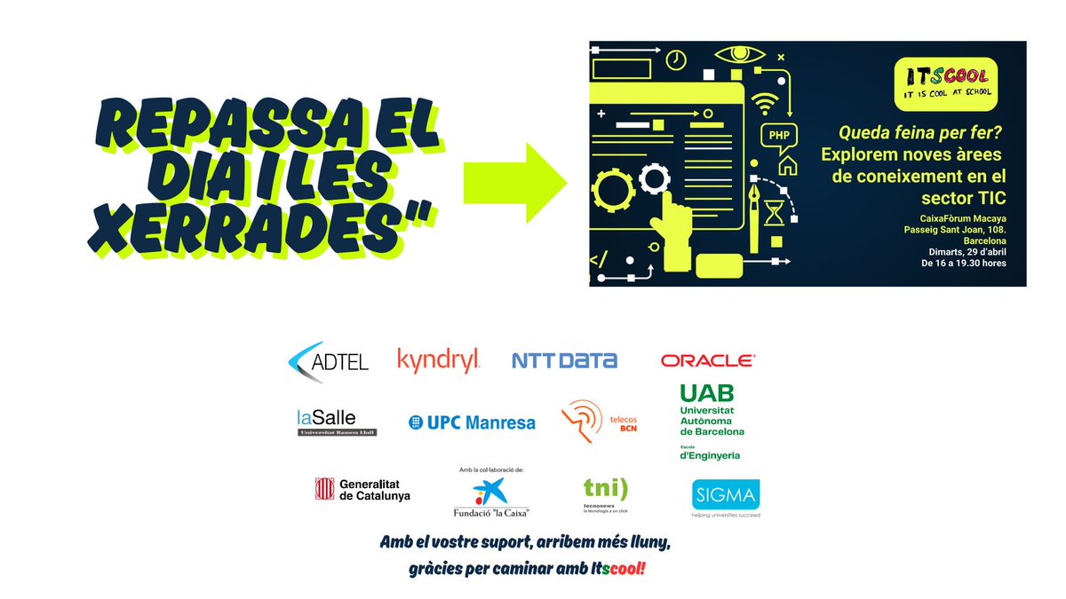 ITSCOOL_com's tweet image. 10a Jornada Itscool, si no vas poder assistir, aqui tens els vídeos, no te&apos;ls perdis! @GrupoADTEL   @Kyndril @Oracle  @NTTDATA  @UABBarcelona  @LaSalleBCN   @upcmanresa  @UPCTelecos @TecnoNewsInfo      itscool.cat/?q=ca/repassa-…