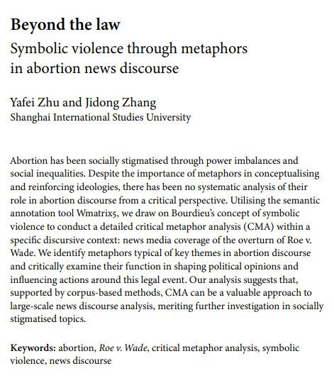 JLANPOL (@jlanpol) on Twitter photo ๐จ | NEW ARTICLE
๐๐๐ฒ๐จ๐ง๐ ๐ญ๐ก๐ ๐ฅ๐๐ฐ
Symbolic violence through metaphors in abortion news discourse
by Yafei Zhu and Jidong Zhang
๐doi.org/10.1075/jlp.24โฆ ๐จ | NEW ARTICLE
๐๐๐ฒ๐จ๐ง๐ ๐ญ๐ก๐ ๐ฅ๐๐ฐ
Symbolic violence through metaphors in abortion news discourse
by Yafei Zhu and Jidong Zhang
๐doi.org/10.1075/jlp.24โฆ