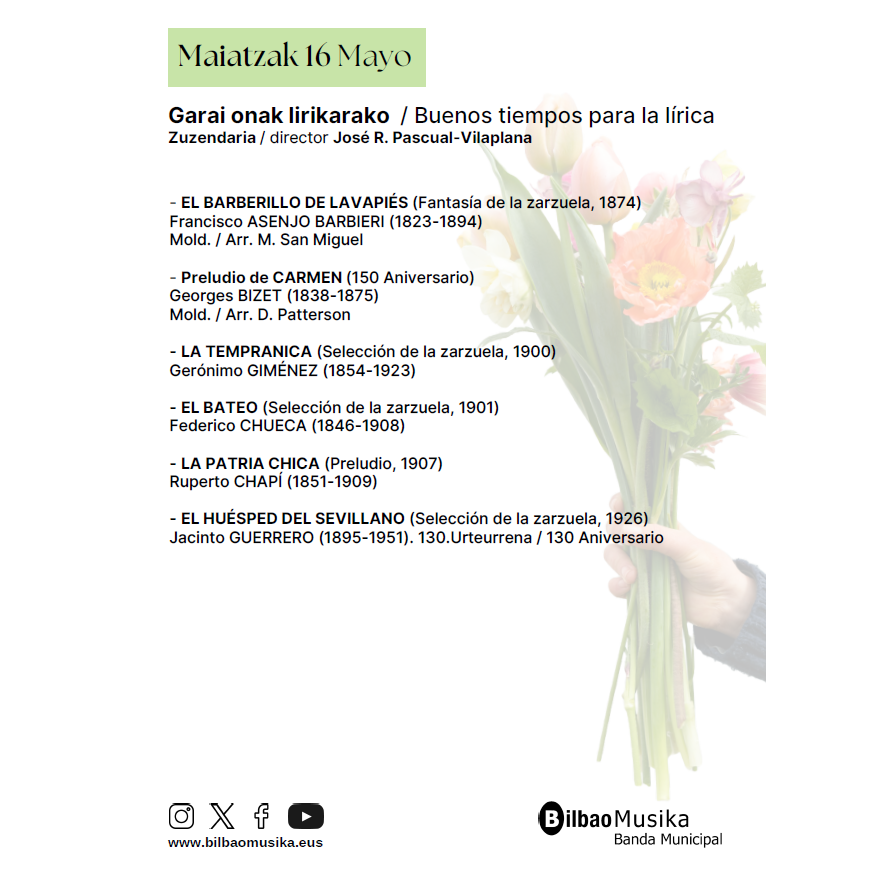 ⛩️🎶 La #BandaMunicipaldeMúsicadeBilbao estrena su temporada de primavera este viernes 16 de mayo a partir de las 19:00 horas en el Kiosko del Arenal.

ℹ Noticia 👉labur.eus/zcreowyk

#BilbaoMusika