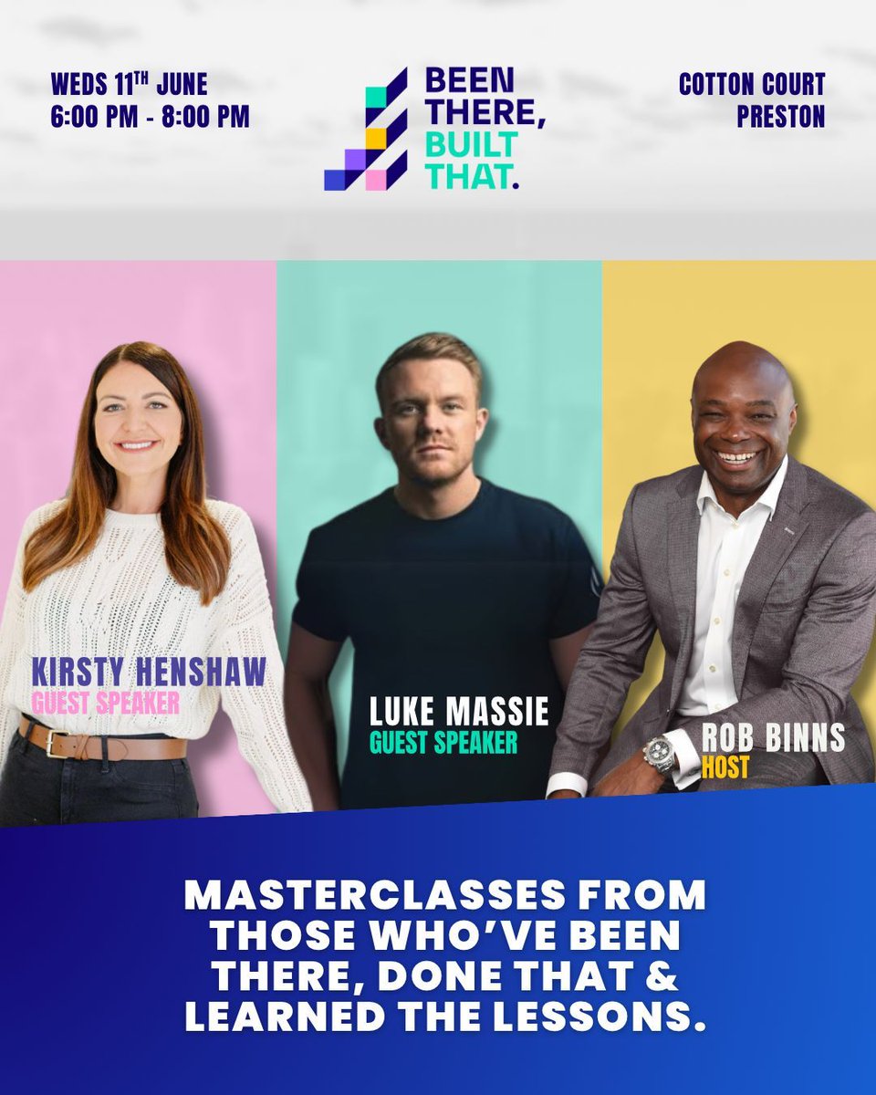 Been There, Built That lands in #Preston!

Join Luke Massie &amp; Kirsty Henshaw for masterclass #1 at Cotton Court – hosted by Rob Binns.

Weds 11 June
 6–8pm
Pizza &amp; drinks
Free but limited: buff.ly/eGZeTLU