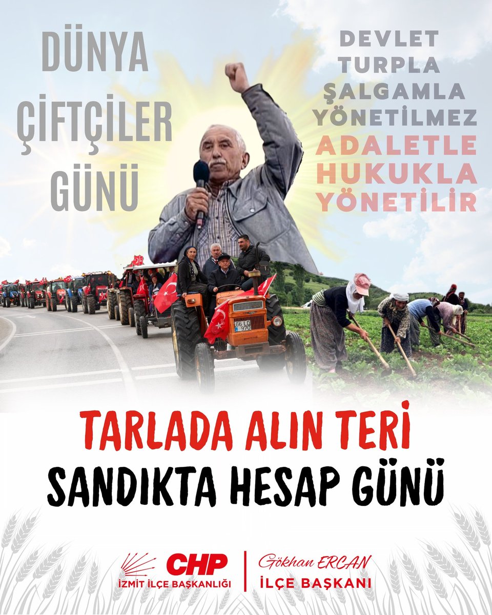 izmitCHP's tweet photo. Gece gündüz demeden üreten, toprağı sevdayla yoğuran, emeğiyle dünyayı doyuran tüm çiftçilerimizin Dünya Çiftçiler Günü kutlu olsun.
Sizleri yok sayan zor duruma düşürenlere en iyi cevabı sandıkta verecek ve yeniden hakettiğiniz değeri göreceksiniz.

#DünyaÇiftçilerGünü https://t.co/8c63bv1eBK