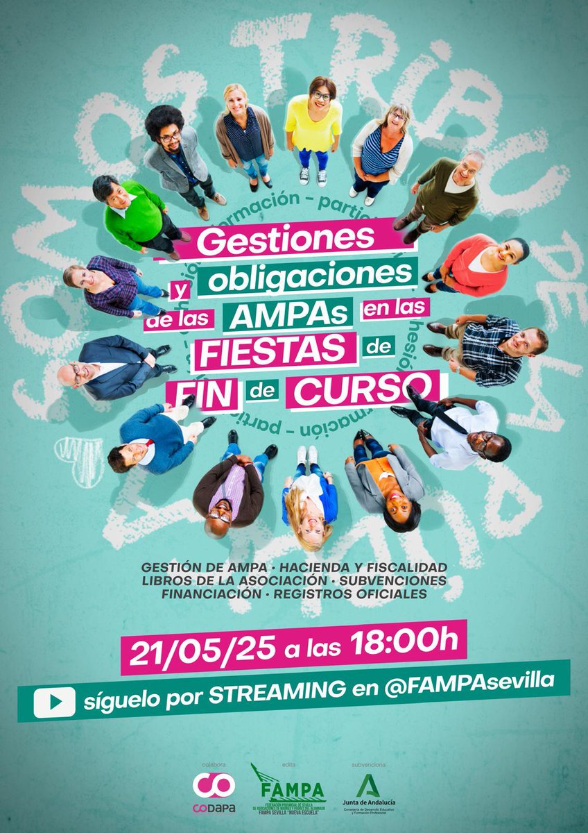 🎉Se acercan las fiestas de fin de curso y las Ampas nos ponemos manos a la obra

💬Si tienes dudas sobre cómo gestionarlas, cuáles son nuestras obligaciones y algún que otro consejillo, no te puedes perder nuestra próxima webinar 
youtube.com/live/hXvoAz4IV…
<a href="/Codapa_And/">CODAPA</a>