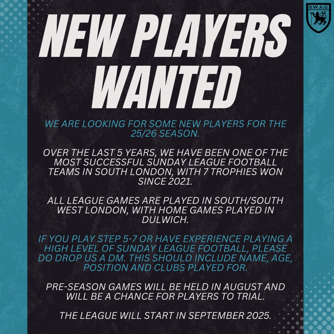 SWAGFC__'s tweet image. NEW PLAYERS WANTED ‼️ 

We play in the Premiership of the Southern Sunday Football League (South West London), the London FA Challenge Cup, and two other cup competitions

Any reposts around the London football community would be much appreciated 🙏🏼

@SouthernSunday