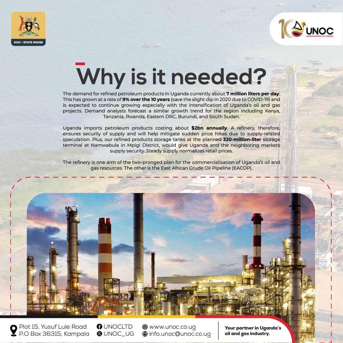 Why a refinery?
Uganda consumes ~7M litres of fuel daily, with demand growing 9% annually. A local refinery ensures stable supply, tames price shocks &amp; boosts regional security. Alongside EACOP, it’s key to commercialising our oil.
#UNOCAT10